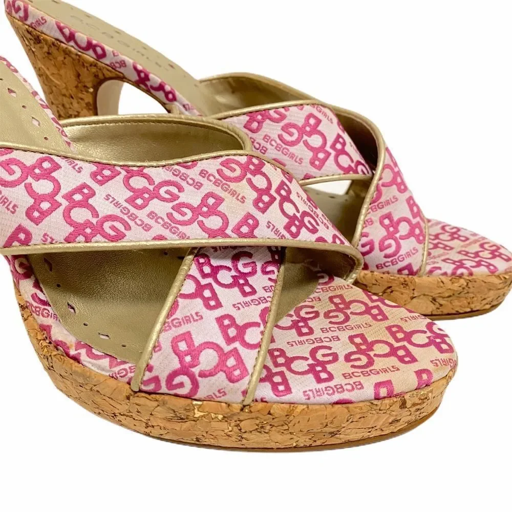 Vintage‎ y2k BCBGIRLS Pink High Heels Cork Sandal 9B Babiecore